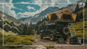 jeep wrangler with a rooftop tent looking over a valley of trees and mountains